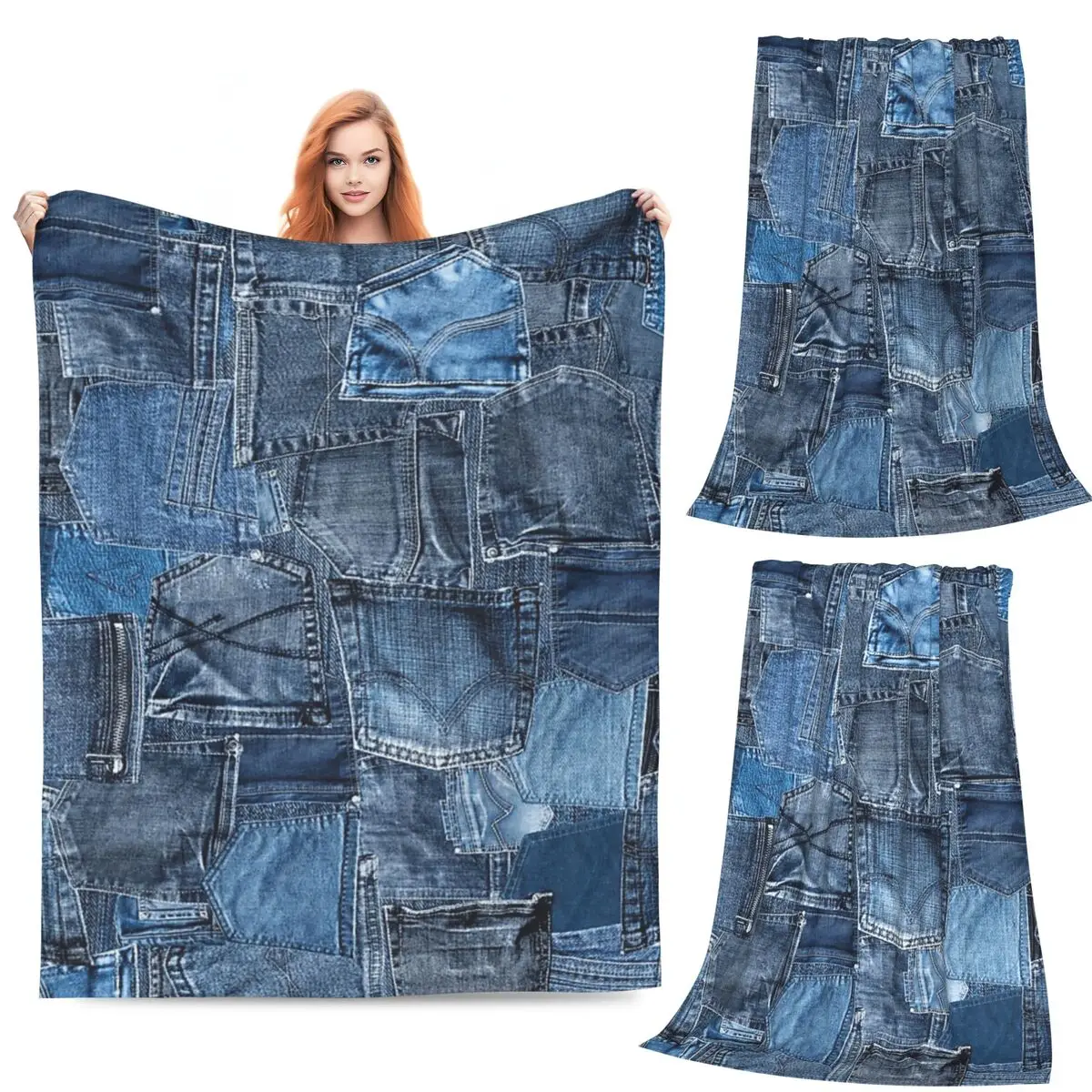 

Blue Denim Jeans Pocket Patchwork Blanket Flannel Sofa Warm Throw Blankets for Home Bedroom Travel Throws Bedspread Quilt