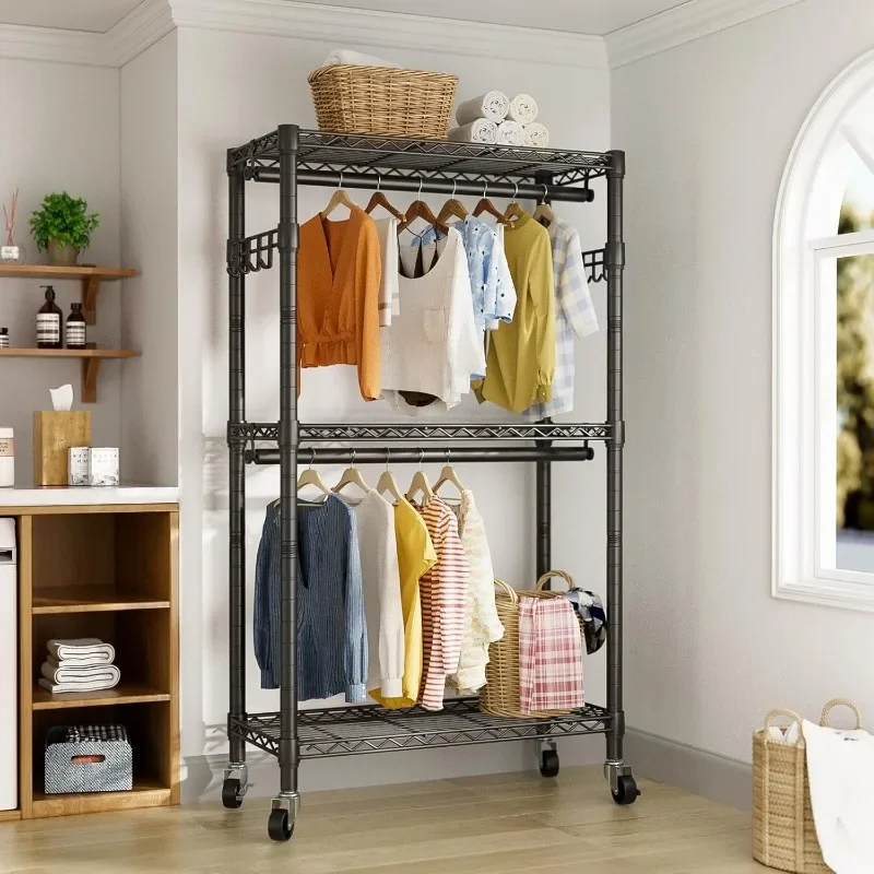 

Heavy Duty Clothes Rack Rolling Garment Rack,3 Tier Adjustable Wire Shelving Clothing Racks for Hanging Clothes
