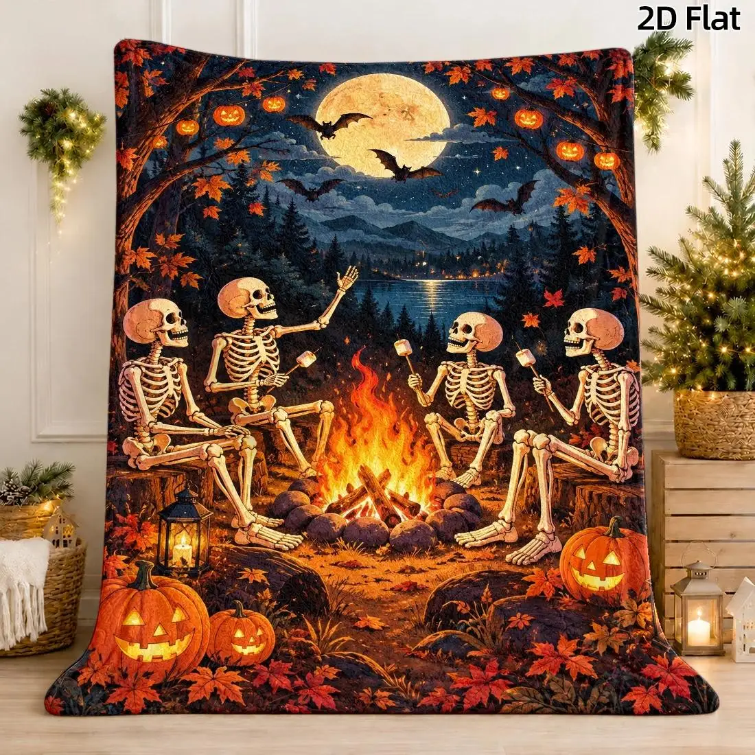 1pc 2D Flat Throw Blanket, Halloween Skeletons by Campfire Pattern, Gothic Dark Tone Decor Blanket