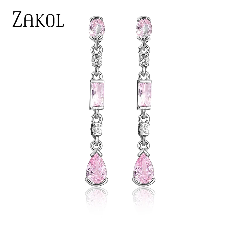 ZAKOL Fashion Green Water Drop Long Dangle Earring for Women Pink Cubic Zirconia Bridal Earrings Wedding Party Jewelry