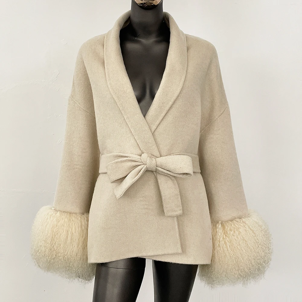 High End Dubbelzijdige Wollen Strapping Echte Wollen Bontjas Dames Afneembare Manchetten Vossenbont Temperament Kasjmier Korte Jas