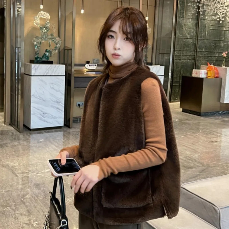 

Jacket Coat Waistcoat Vest Women's Autumn/Winter Melange Faux Fur Quilted Zip Pockets Mid-Length New Comfortable Niche Elegant