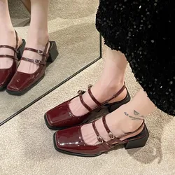 2023 Spring Faux Patent Finish High-heel Shoes With Straps Slingback Fashion Pumps For Women Mary Jane Lovey Square Toe Block