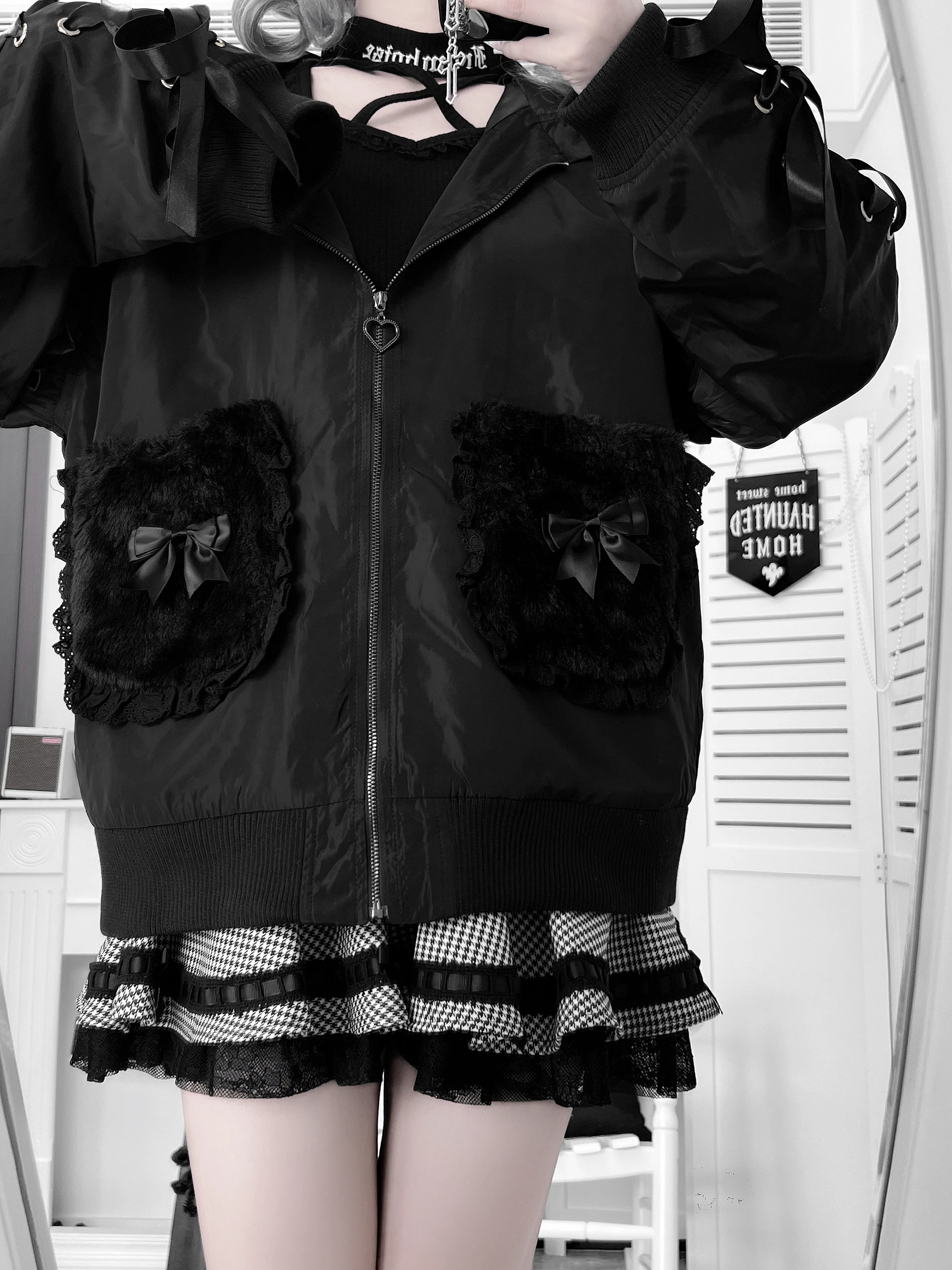 Kurtka Y2K czarno-biała, estetyka Harajuku, kawaii, rozpinana bluza z kapturem, słodka, cool, luźna bluza dla dziewczyn/kobiet