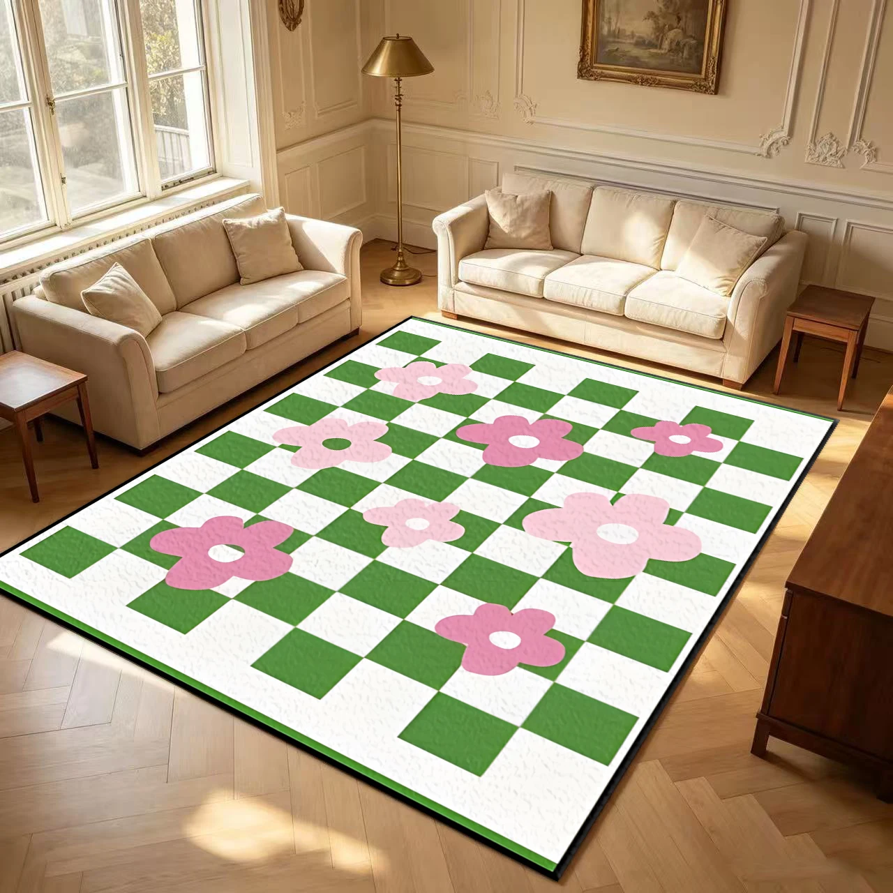Green Checkered Carpet with Pink Floral Decoration