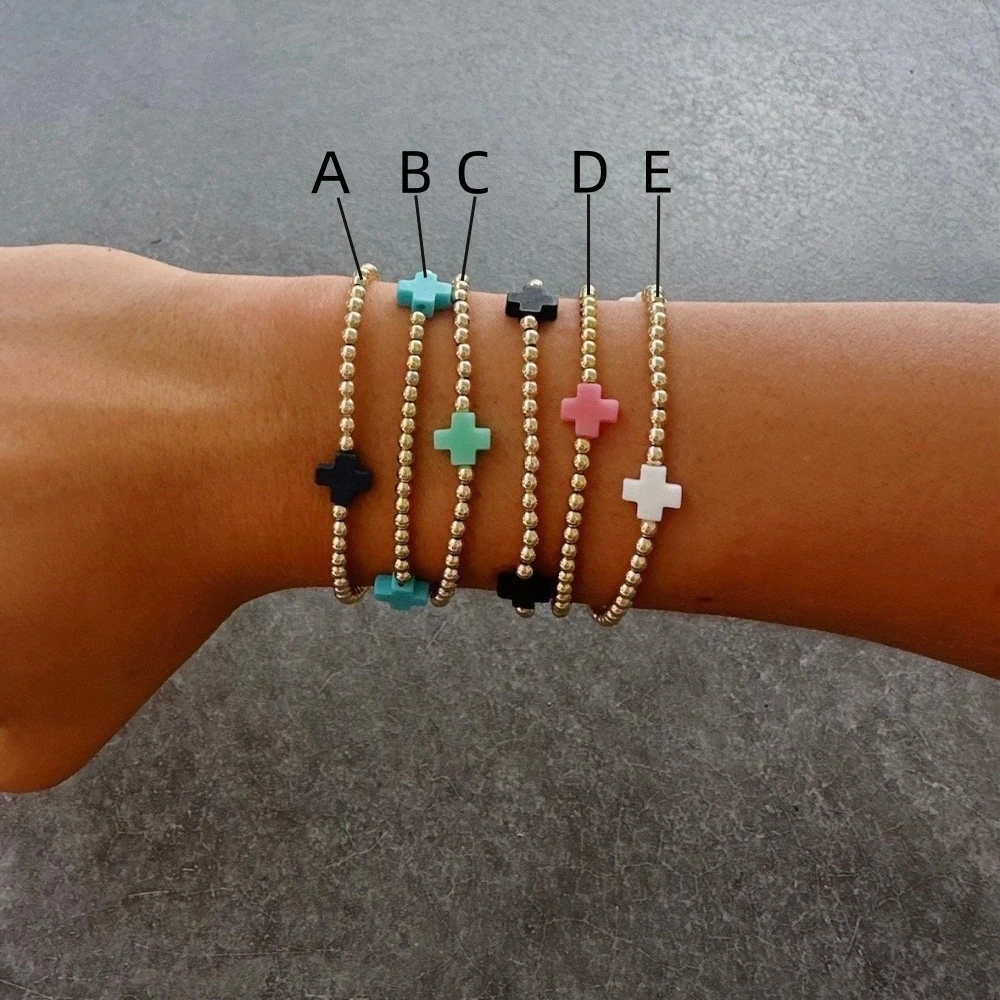 Vlen Mehrfarbiges Kreuz-Charm-Armband Großhandel 18 K Vergoldete Perlenarmbänder für Frauen Zierliche Pulseras Boho-Schmuck – Detail 1