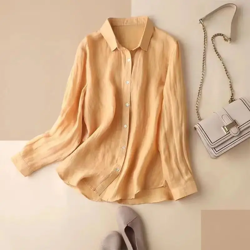 

Spring Autumn New Fashion Elegance Cotton Linen Solid Shirts Polo Neck Long Sleeve Loose Button Thin Style Simplicity Blouses