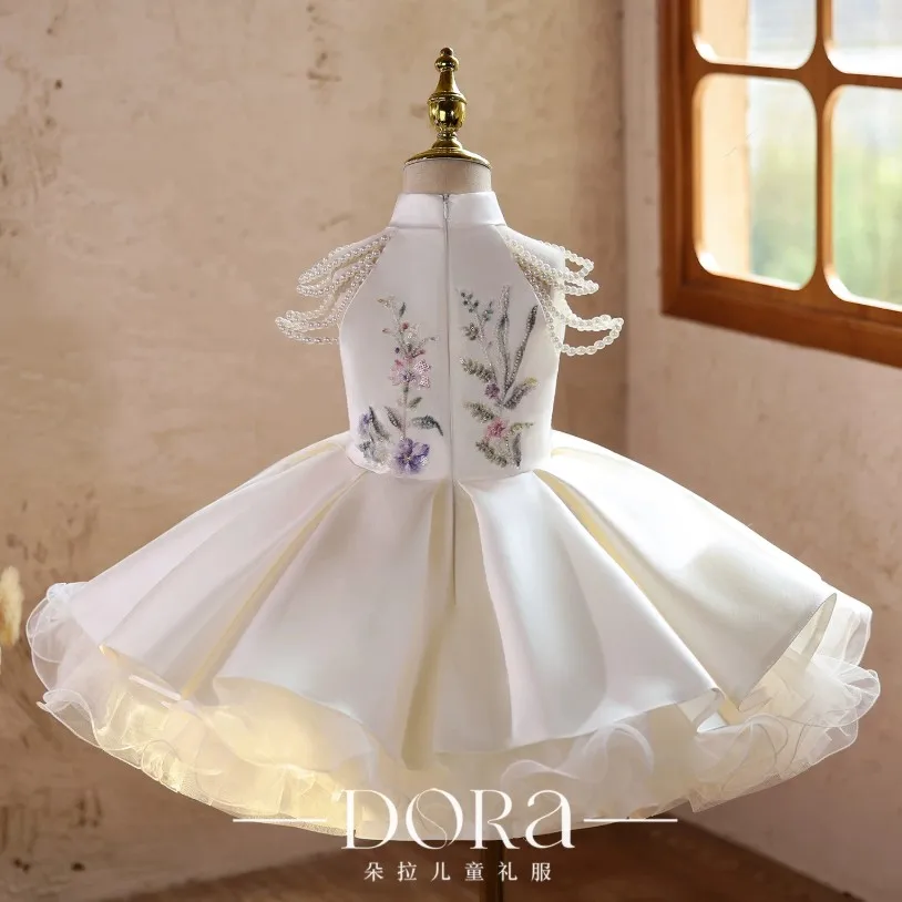 Neues Prinzessinnenkleid für Mädchen, bestickt mit Perlen und Blumen, Kinder-Festkleid aus Satin und Tüll, Hochzeits- und Geburtstagsparty-Kostüm für 2-12 Jahre A5099 – Detail 6
