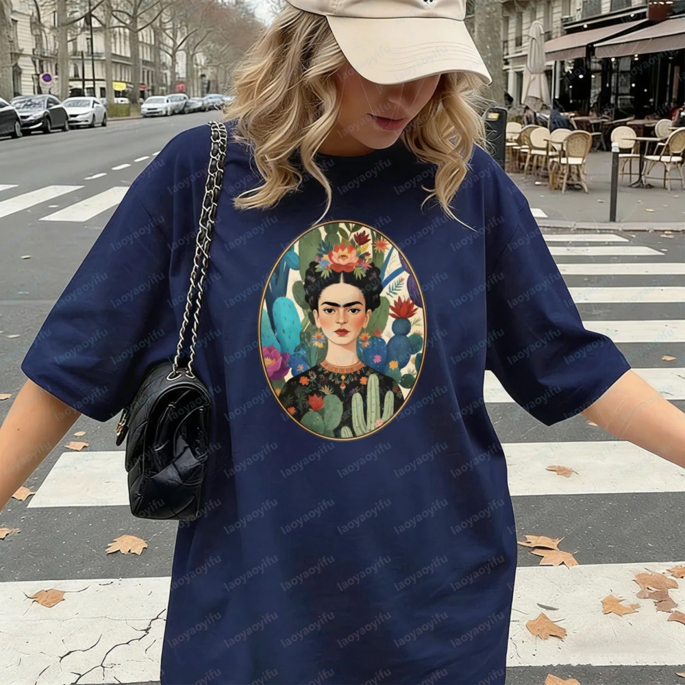 

Classic Frida Kahlo Portrait Flowers Cacti Art T-Shirt Fashion Cinco De Mayo Casual Summer Unisex Cotton Tees Retro Style Tshirt