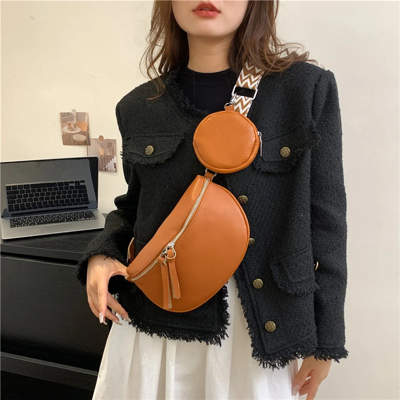 New Female Crossbody Saddle Bag Leather High Quality Chest Bag Fashion Embroidery Shoulder Strap Travel Fanny Pack Witn Pocket