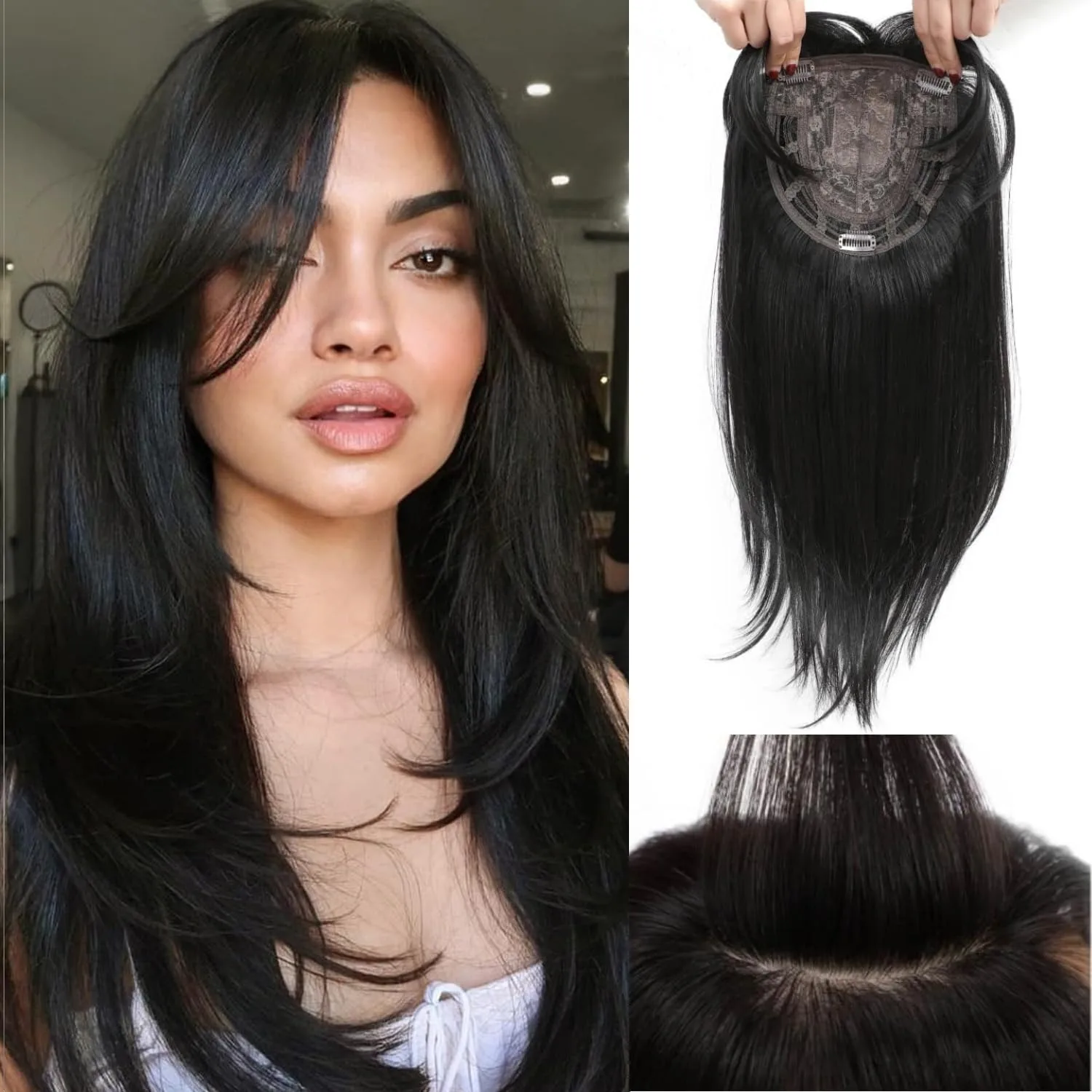 18in Synthetic Crown Hair Piece Wispy Fringe Brown Sun-Kissed Balayage Highlights, Lightweight Breathable Lace Clip In Heat Resi