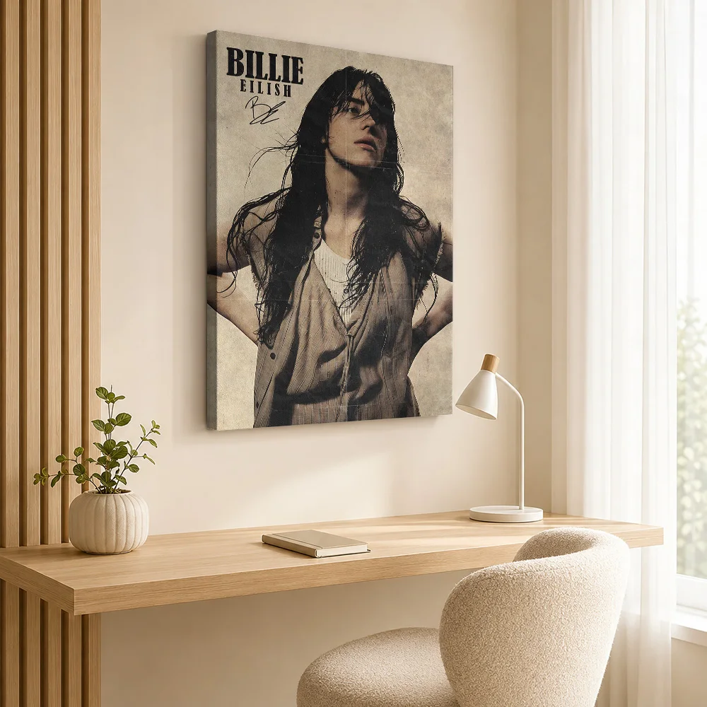 Billie Eilish Portrait with Signature Framed Canvas Print Poster Personalized Retro Music Wall Art for Bar Decor Ready to Hang