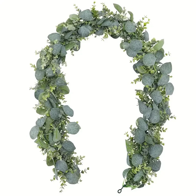 1 Stück künstliche Eukalyptusblätter, grüne Girlande, künstliche Pflanzen, Frühlingsreben mit weißen Blumen, Beeren für Hochzeit, Zuhause, Party, Deko – Detail 2