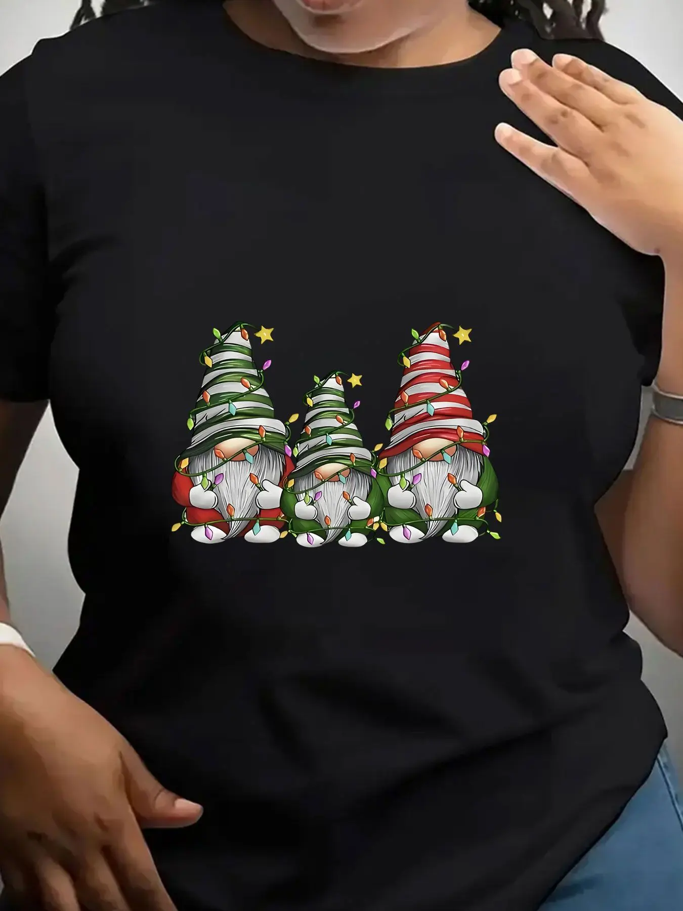 Women's Trendy Crew Neck T-Shirt Three Christmas Gnomes with Lights Suitable for Casual Sportswear