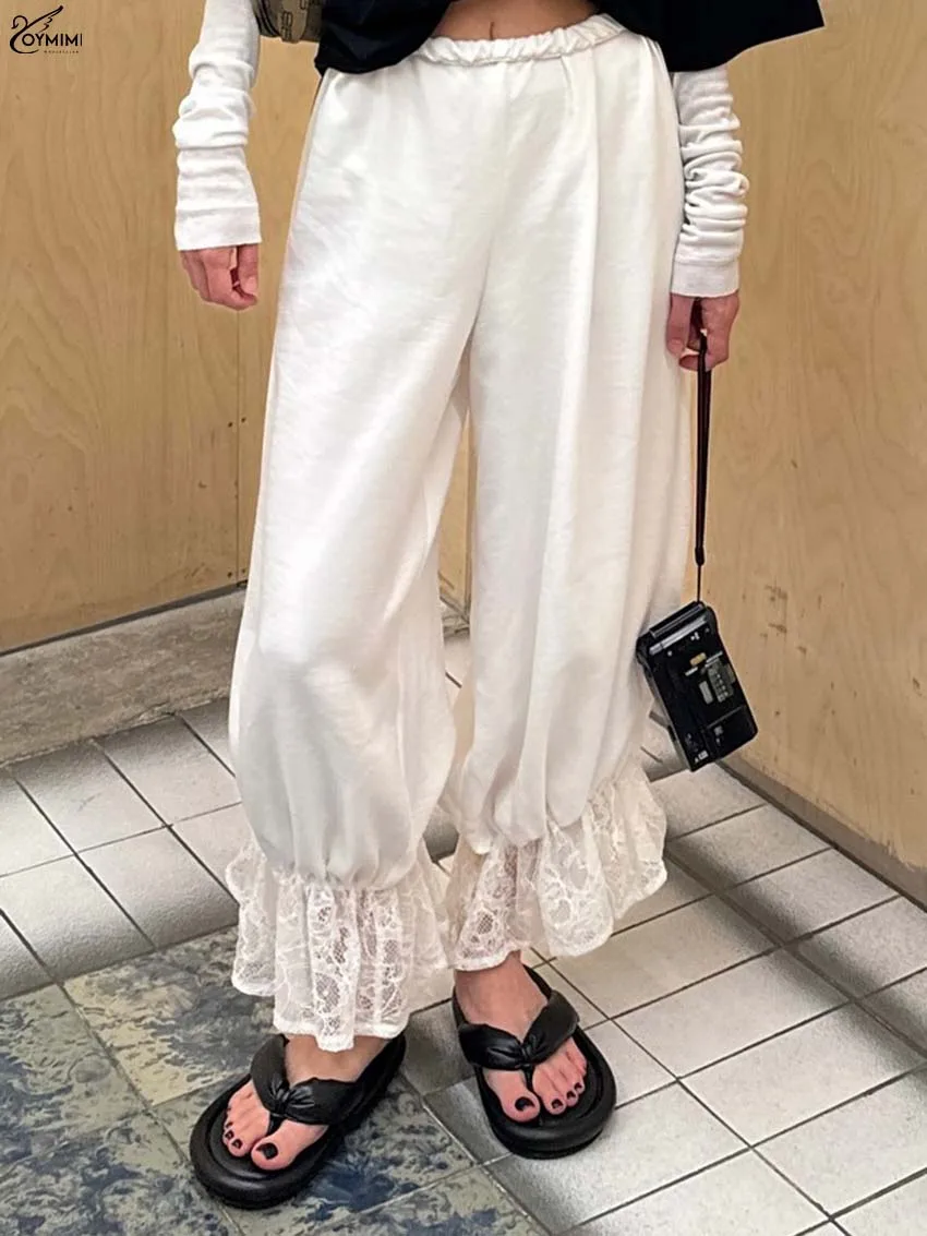 

Oymimi Elegant White Lace Women's Pants Fashion Mid Waisted Loose Trousers Autumn New Ruffled Ankle-Length Pants Female Clothing