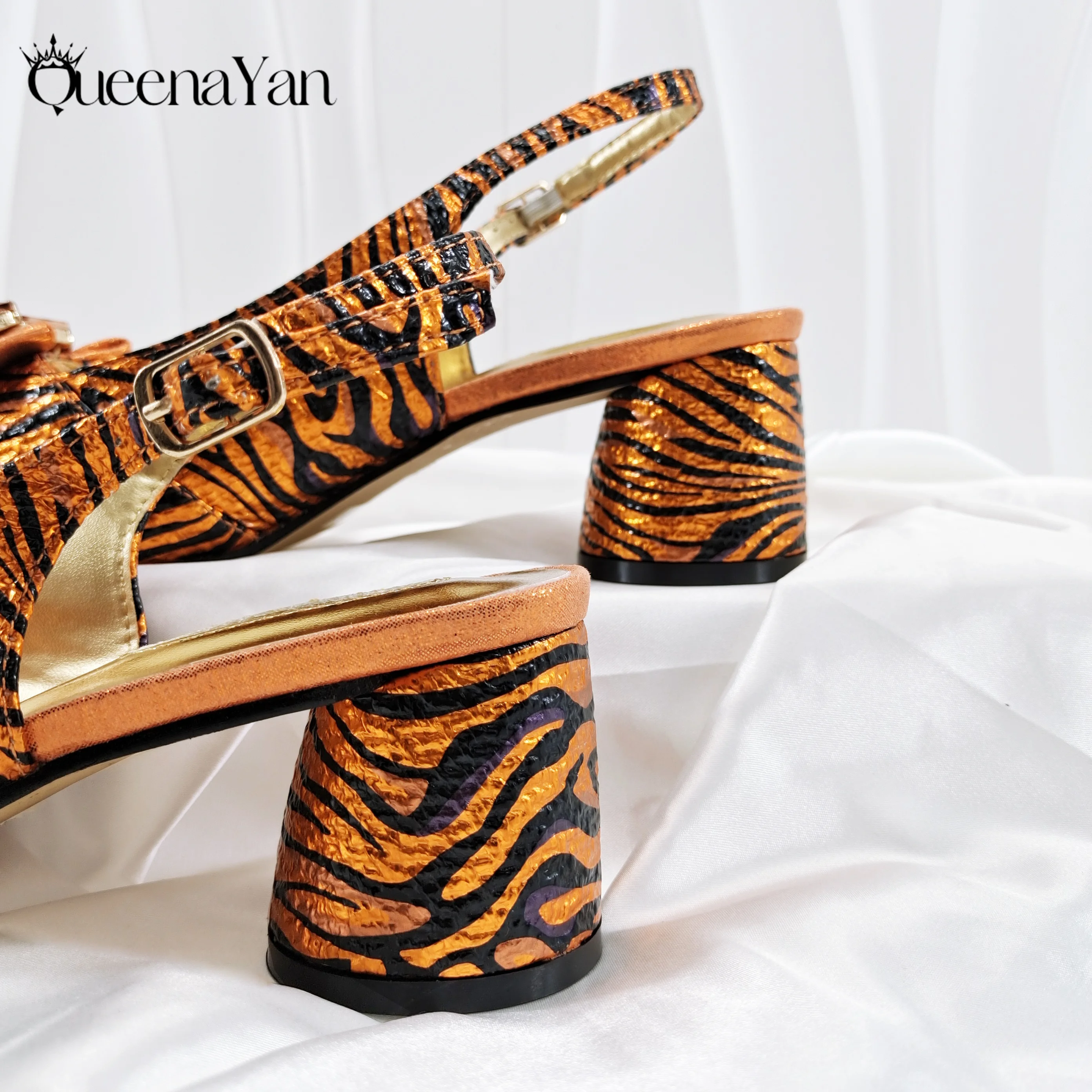2025 Luxurious Italian Women's Party Shoe and Bag Set Elegant Orange Rhinestone Peep-Toe High Heels Sandals for Weddings view 5