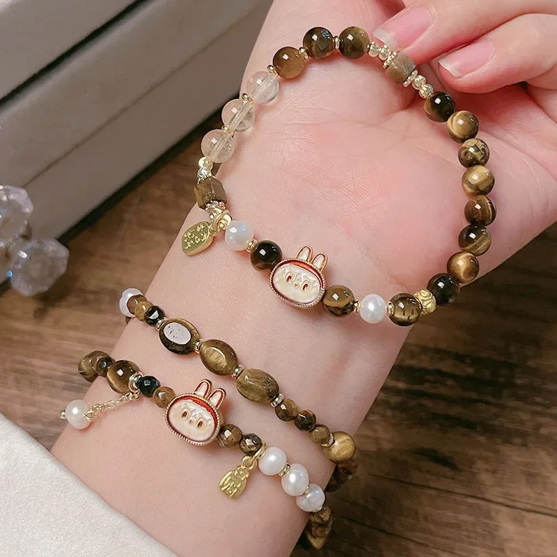 New Cartoon Labubu Bangle for Women Fashion Tiger Eye Stone Yellow Crystal Pearl Beads Bracelet Jewelry Girl&Child Holiday Gifts