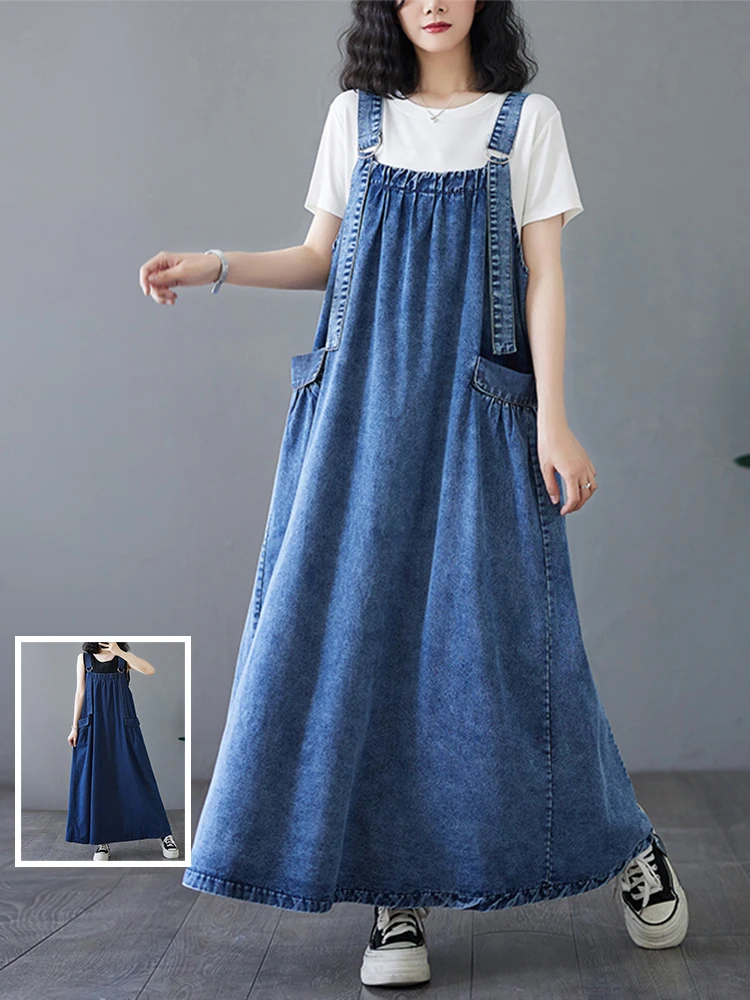 

Waed Denim Long Dr with kets Vintage Sle A-Line Skirt Slimming Large Size Women's Faionable Casual Cotton Blend