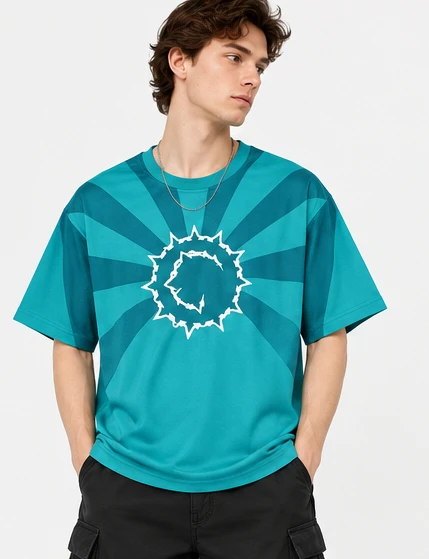 2026 Teal Sunburst Stripe Graphic T-shirt Unisex Abstract Beast Head Print Tee Summer Loose Short Sleeve Streetwear Casual Tops