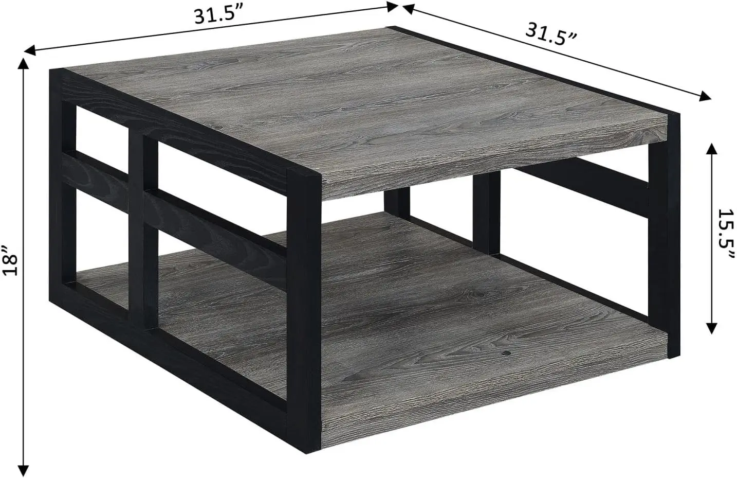 Monterey Vierkante Salontafel Met Plank, Verweerd Grijs/Zwart