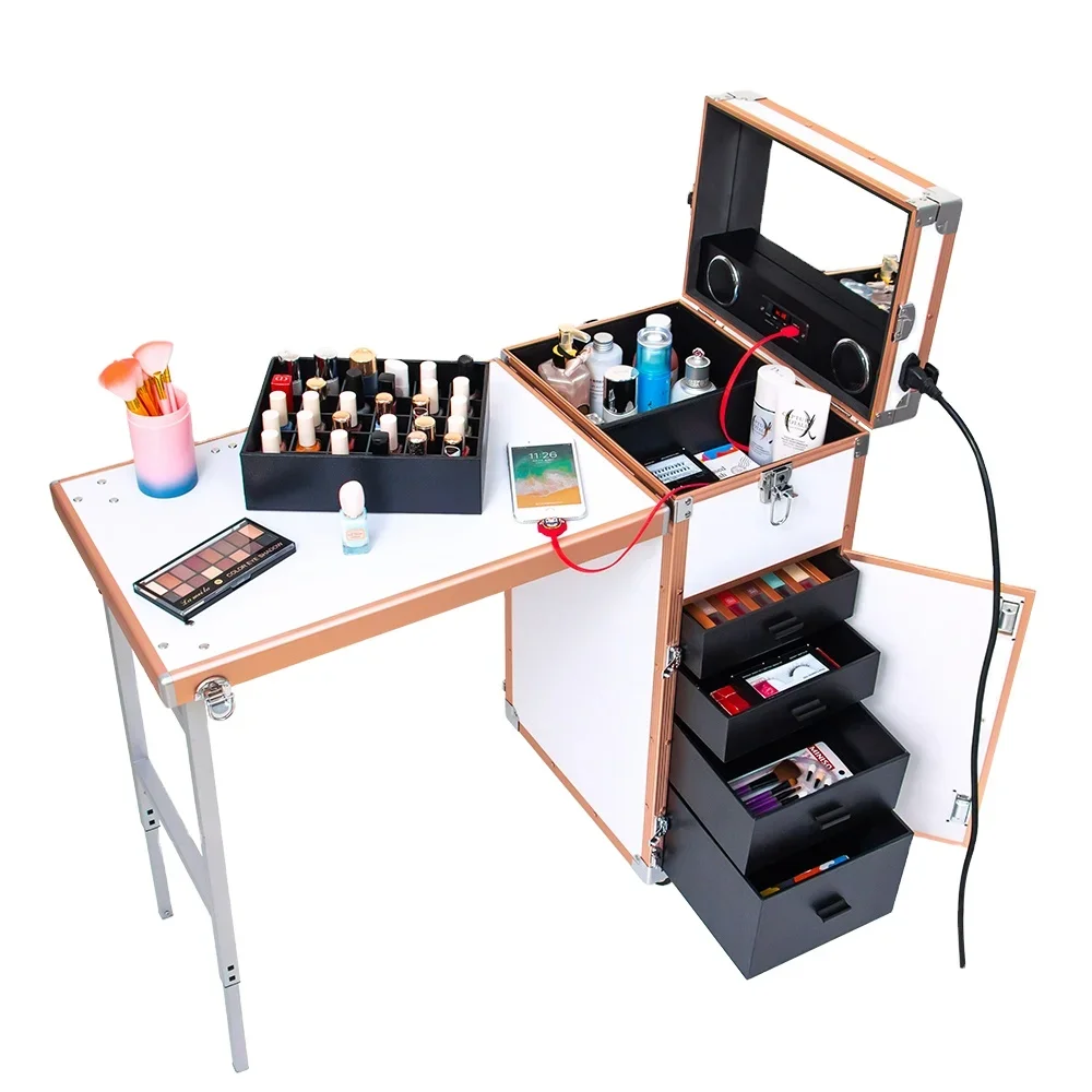 New design pink makeup nail polish organizer case nail salon station trolley manicure table with music loudspeaker