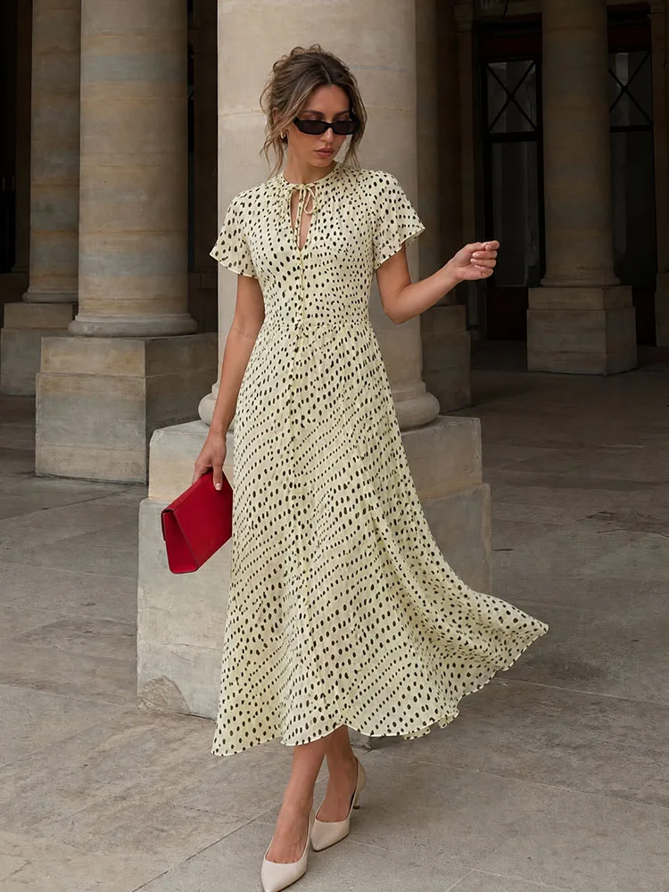 HH Women Summer Vintage Romantic Cream Black Polka Dot Maxi Dress Tie Neck Short Sleeve High Waist Flowy A-Line Long Dress