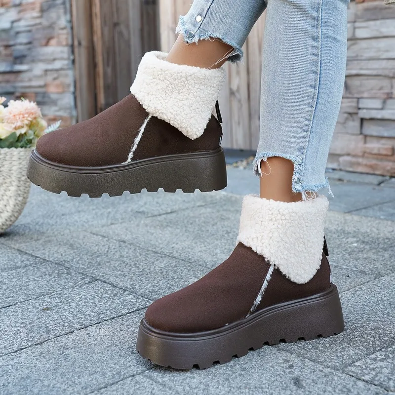 2025 شتاء جديد عالي الجودة سميك القاع صوف مبطن بسيط مريح ودافئ الثلوج الأحذية النسائية الدفء قصيرة التمهيد