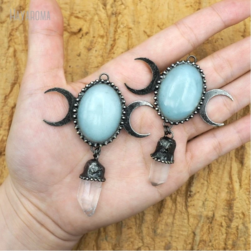 Imagem -04 - Antigo Cor Prata Oval Pingente Crystal Clear Amazonite Vintage Boho Bruxa Jóias Artesanais Lua Crescente Pm50075 10 Pcs