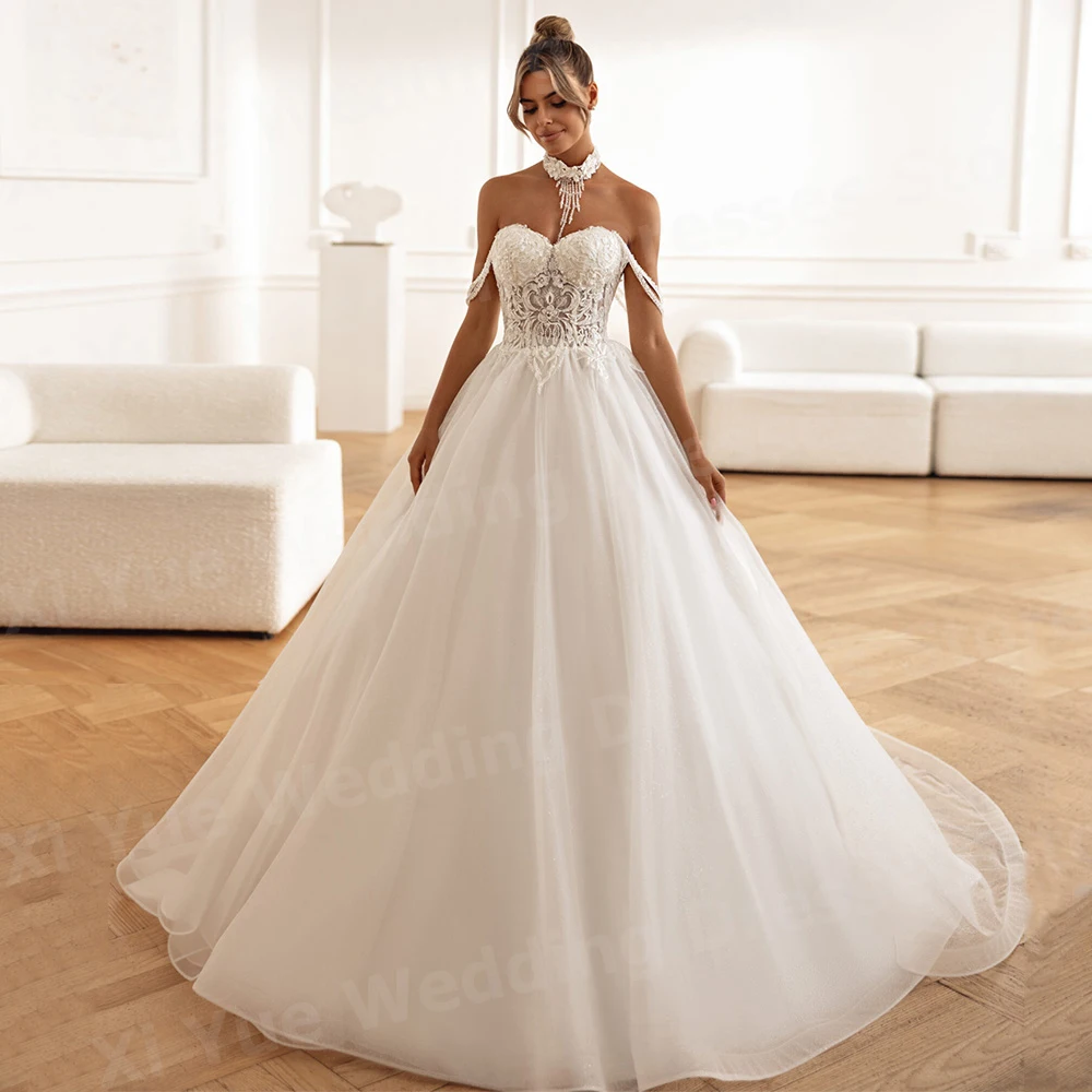 우아한 라인 여성 웨딩 드레스 아플리케 어깨에서 레이스 신부 가운 맞춤형 연인 Vestidos De Novia Boda