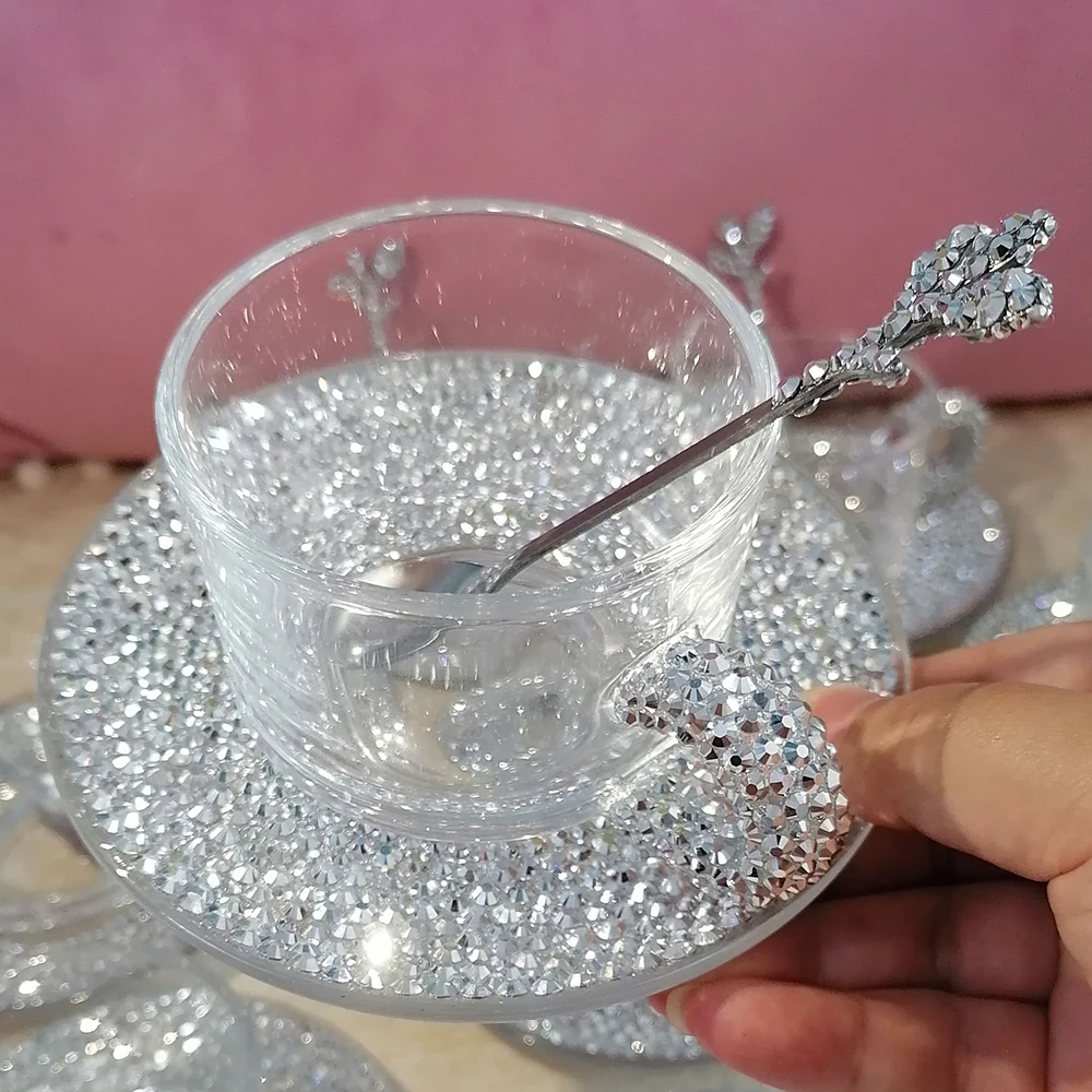 Bling Bling Handmade Sparkling Coffee Crystal Rhinestones Tumbler Cup Gifts Afternoon Tea Party 190ml Glass