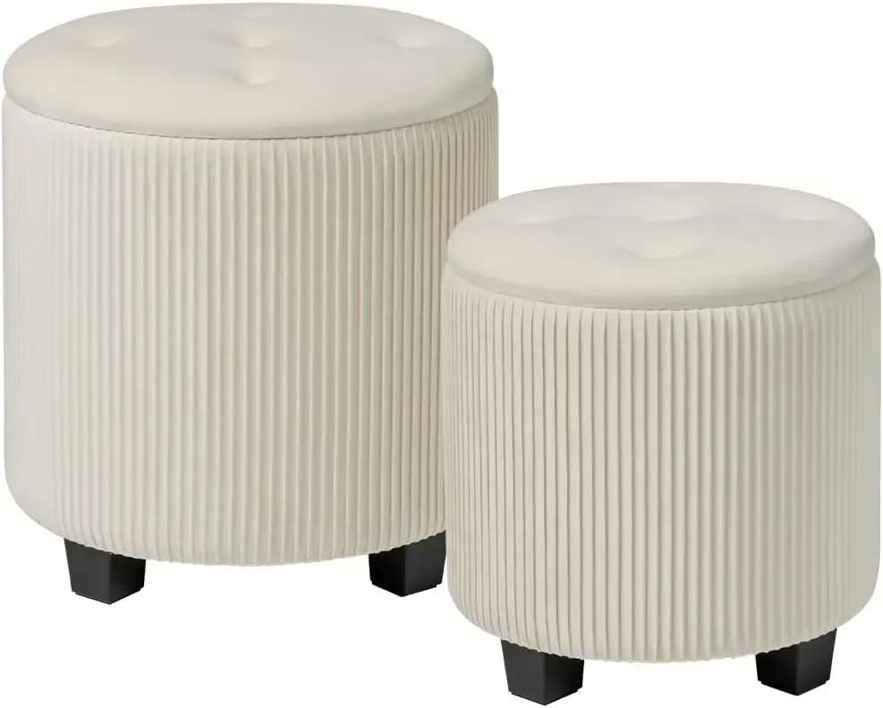 

Big Round Ottoman with Storage Set of 2,Upholstered Velvet Vanity Stool for Makeup Multifunctional Foot Rest Coffee Table Padded