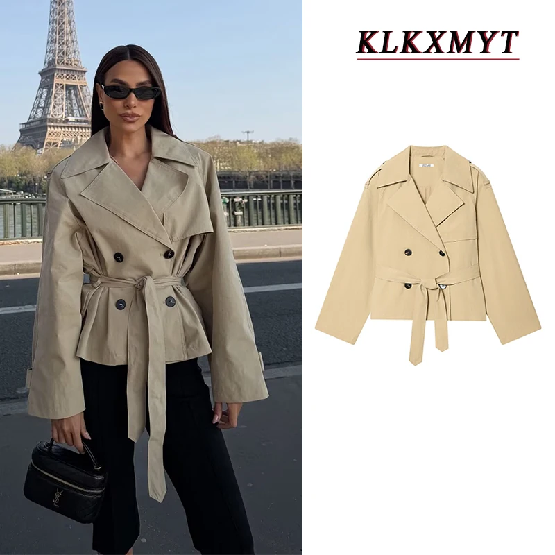 Lace Up Trench Coat With Belt Suit Collar Waist Cinched Slimming Drop Shoulder Short Windbreaker Jacket Retro Casual Outwear