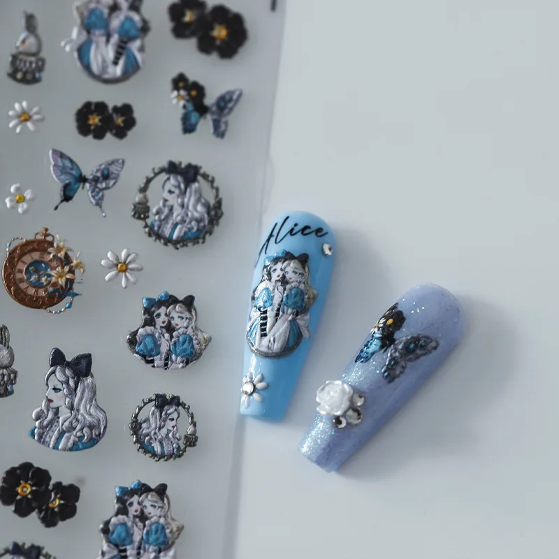 1 Vel 5d Realistische Reliëf Blauw Zwart Wonderdroom Vlinder Bloemen Prinses Zelfklevende Nail Art Stickers Stickers Manicure Bedels