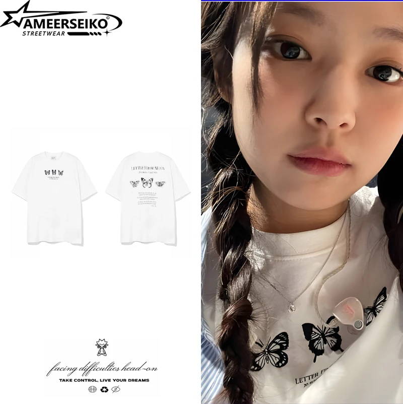 Jennie Jenny Tonal Printed T-Shirt Letter from the Moon Triple Butterfly Embroidered Loose-Fit T-Shirt 4 Colors T-Shirt