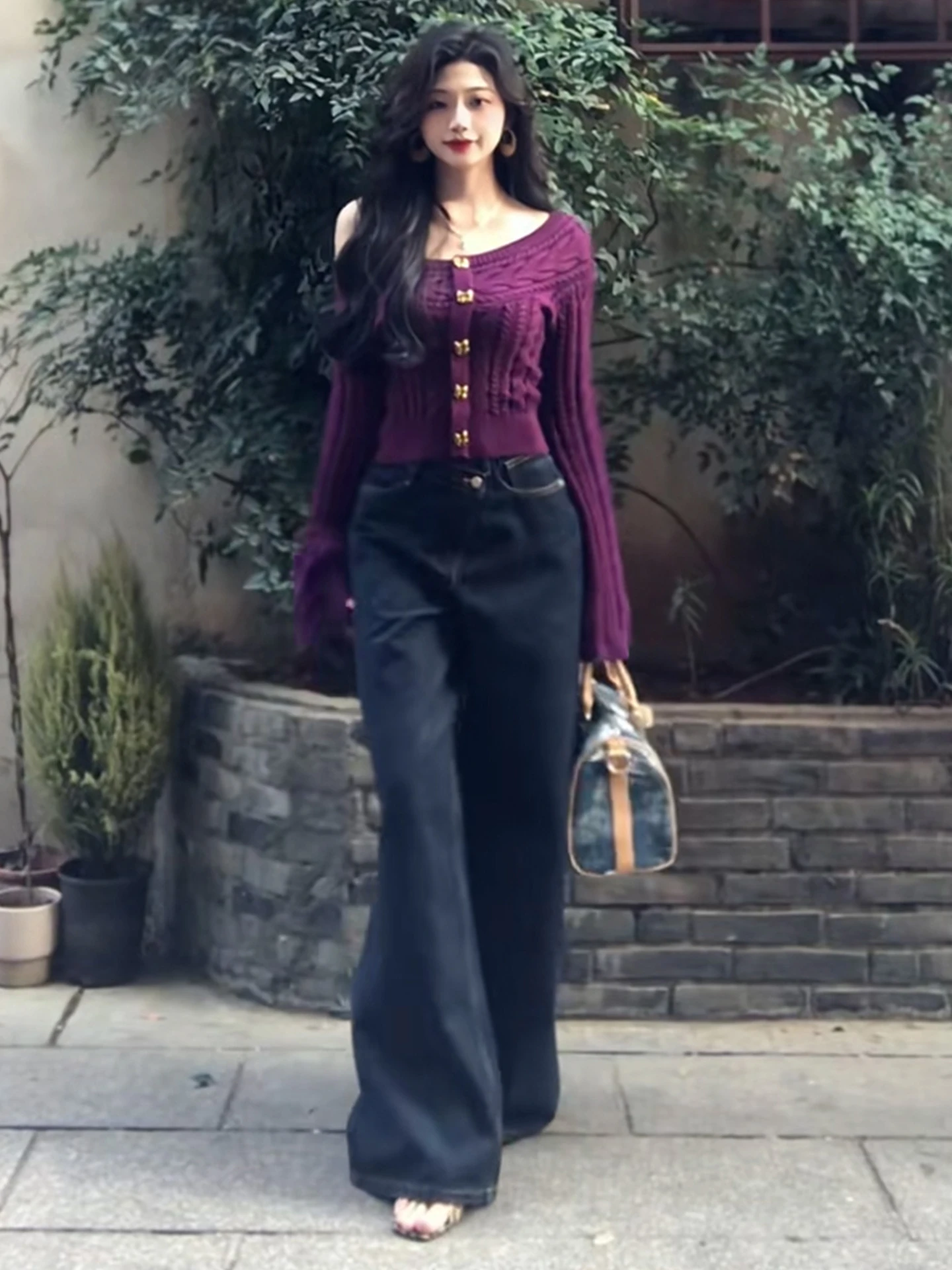 

Ele Purple Knitted Sweater with Knot for Women Spring 2026 Faionable Casual Long Sve round Ne Top