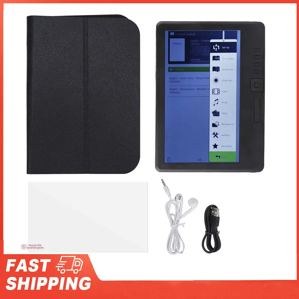 قارئ E 7 بوصة شاشة LCD ملونة 16:9 HD 800x480 380 ميجا هرتز حافظة واقية سوداء قارئ E محمول لقارئ EPUB PDF TXT E