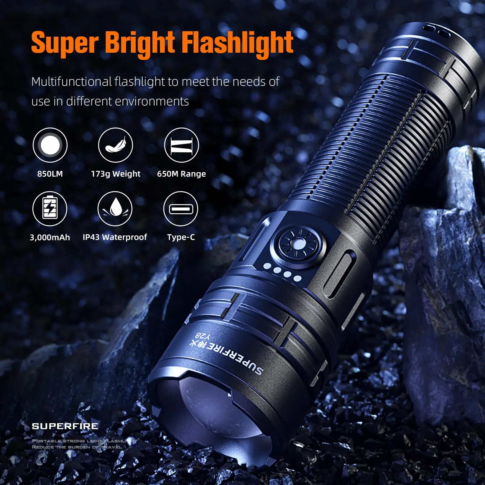 SUPERFIRE Y28 LED Flashlight Portable Zoom Torch Super Bright With Battery display Type-C Rechargeable for Camping Fishing Light