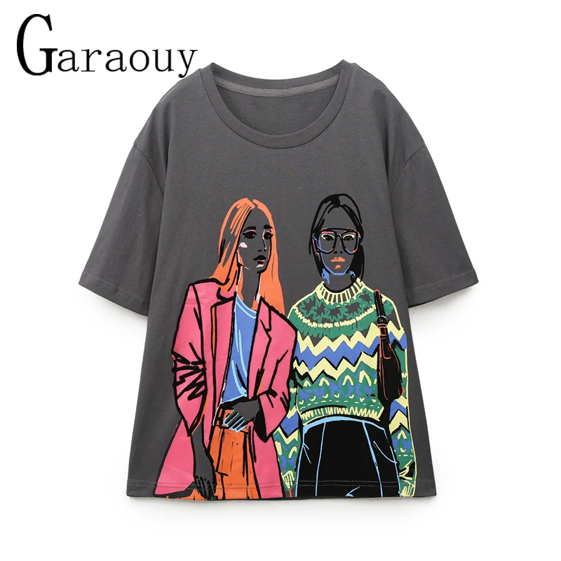 Garaouy 2023 Summer Women\'s Character Print T-shirt Female Grey Casual Versatile O Neck Short Sleeve Oversized Tee Tops Mujer