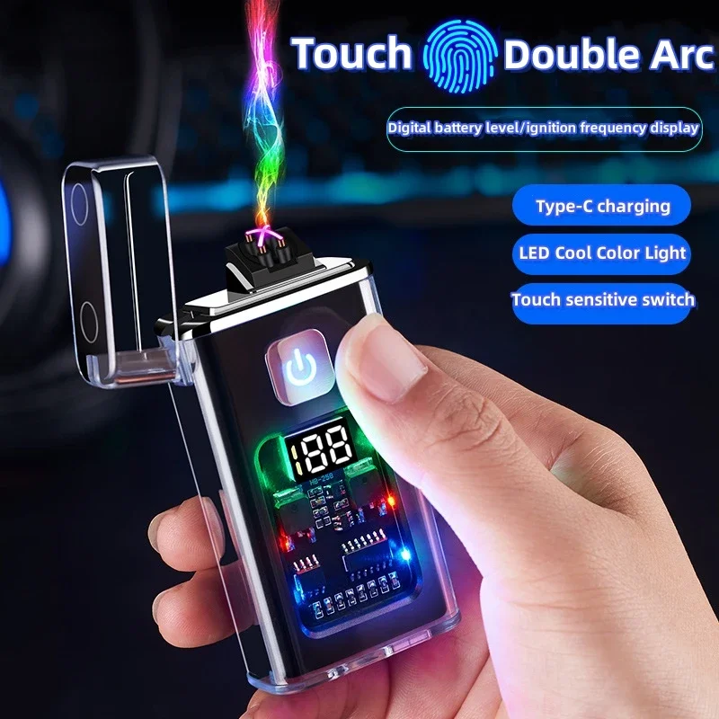 

Stylish USB Rechargeable Electric Lighter Windproof Dual Arc Plasma Lighters Outdoor Camping Gadgets Fire Starter Men's Gifts