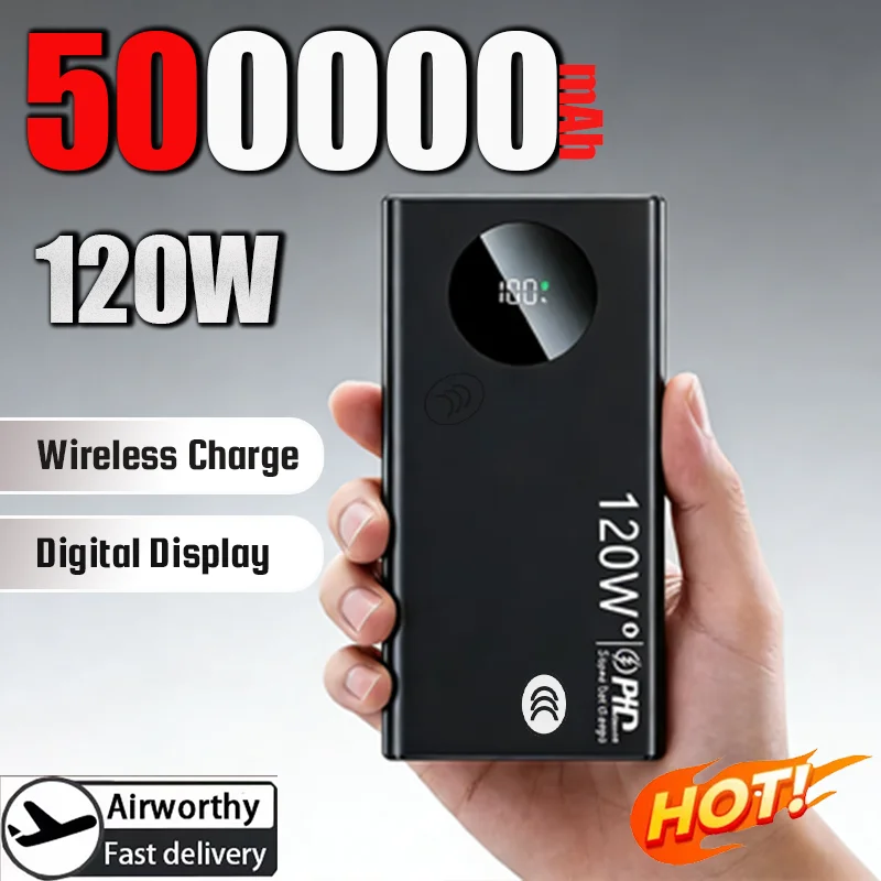 

Новый аккумулятор емкостью 500000 мАч, 120 Вт, быстрая зарядка, портативное зарядное устройство с цифровым дисплеем большой емкости для iPhone, Samsung, Huawei
