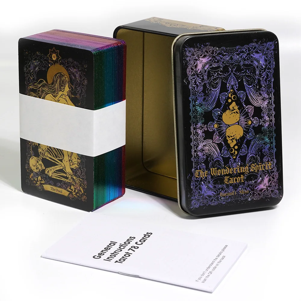 Baraja de Tarot Errante Spirit de 10,3x6cm en una caja de lata con guía para principiantes, edición limitada con bordes dorados