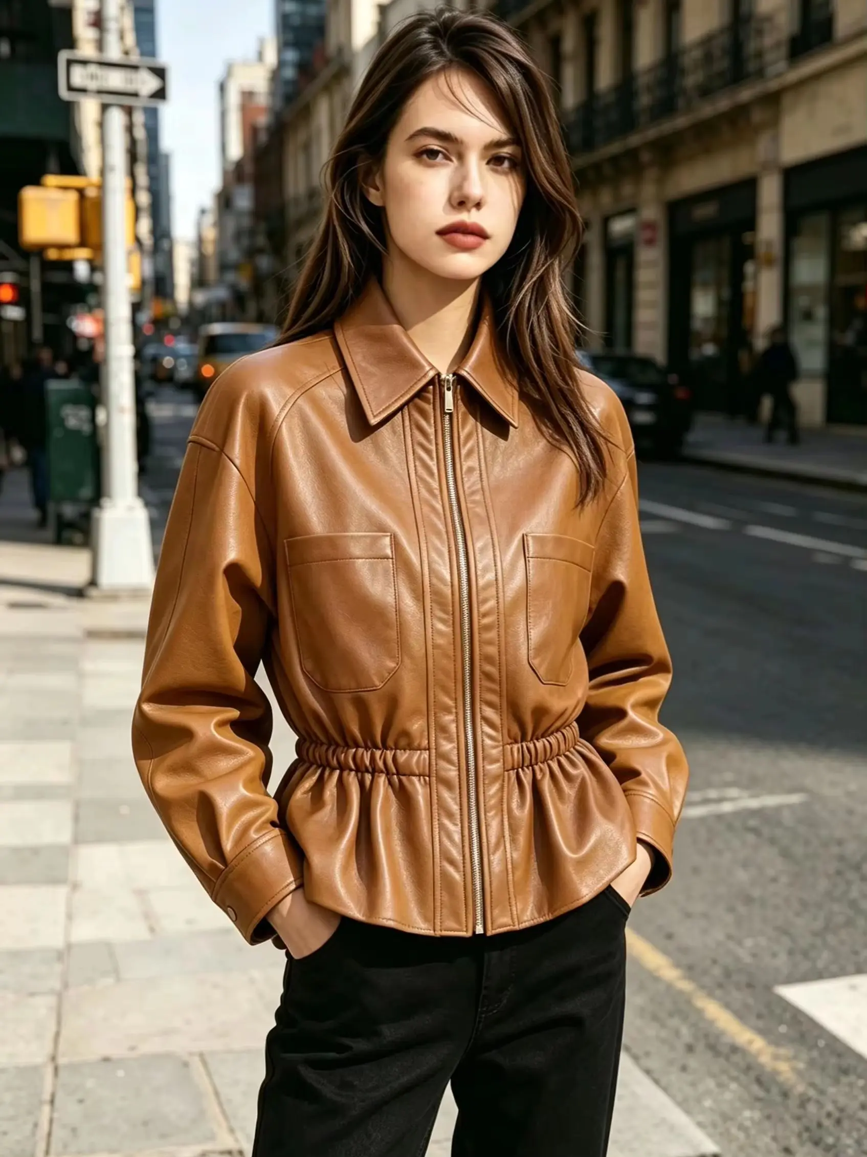 Ladies Fashion Winter Jackets Chic Faux Leather Lapel Coat Front Zip Pockets Long Sleeves Elegant Autumn Party Brown Jacket Hot