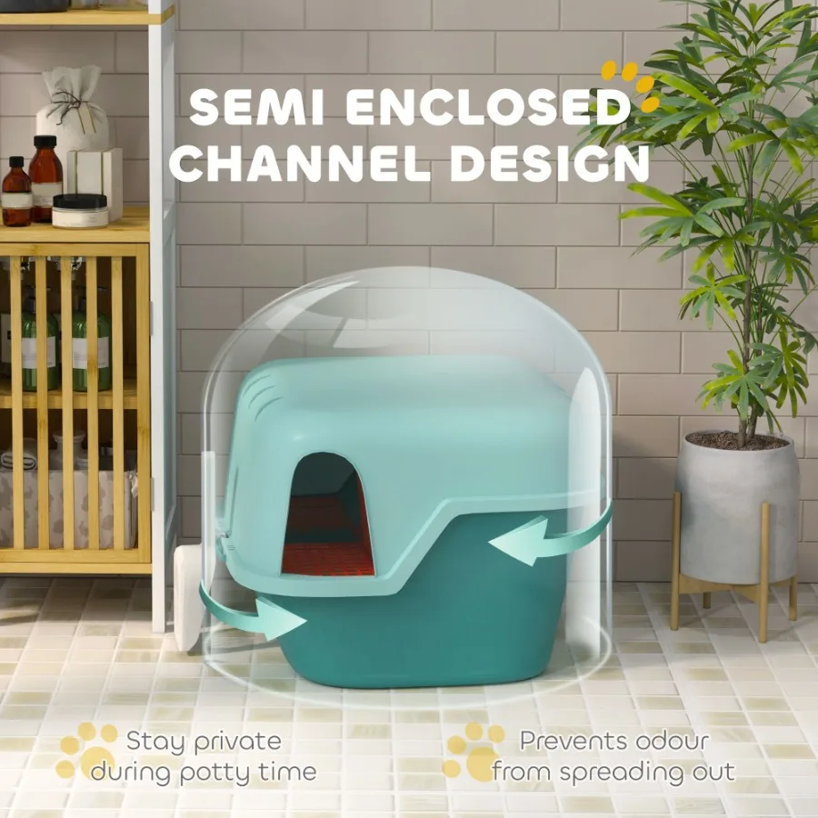 กล่องครอกแมวพร้อมที่ตัก ทําความสะอาดง่าย ฝาครอบแบบเปิดได้ สีเขียว