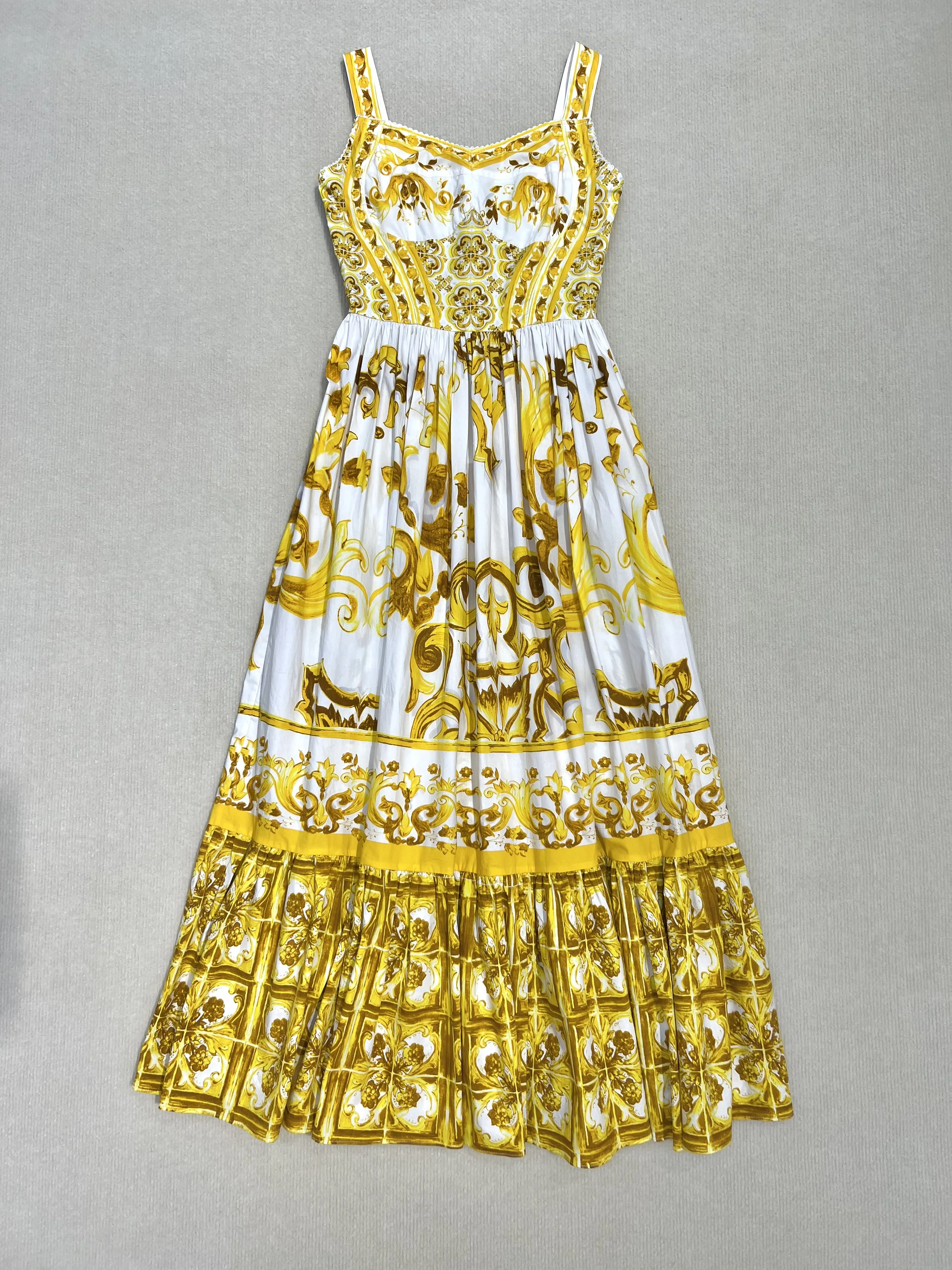 100% Cotton 2024 Summer Bohemian Women\'s Vintage Yellow Porcelain Print Luxury Dress