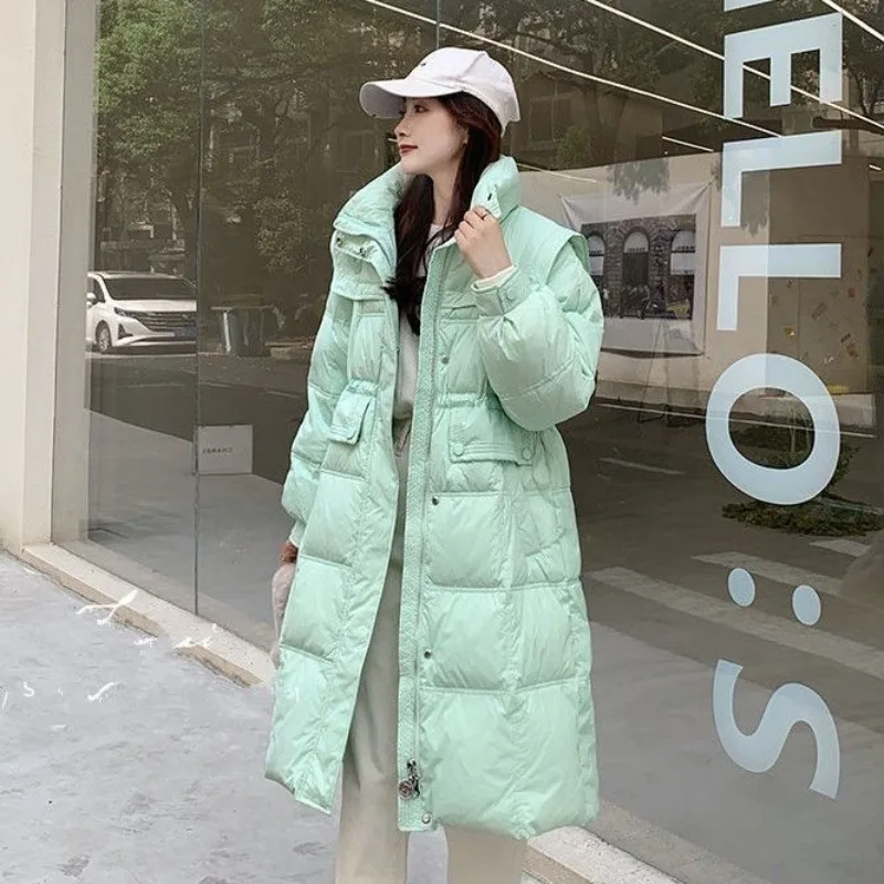 2023 New Women Down Jacket Winter Coat Female Mid Length Version Parkas Sailor Collar Waist Retraction Outwear Loose Overcoat