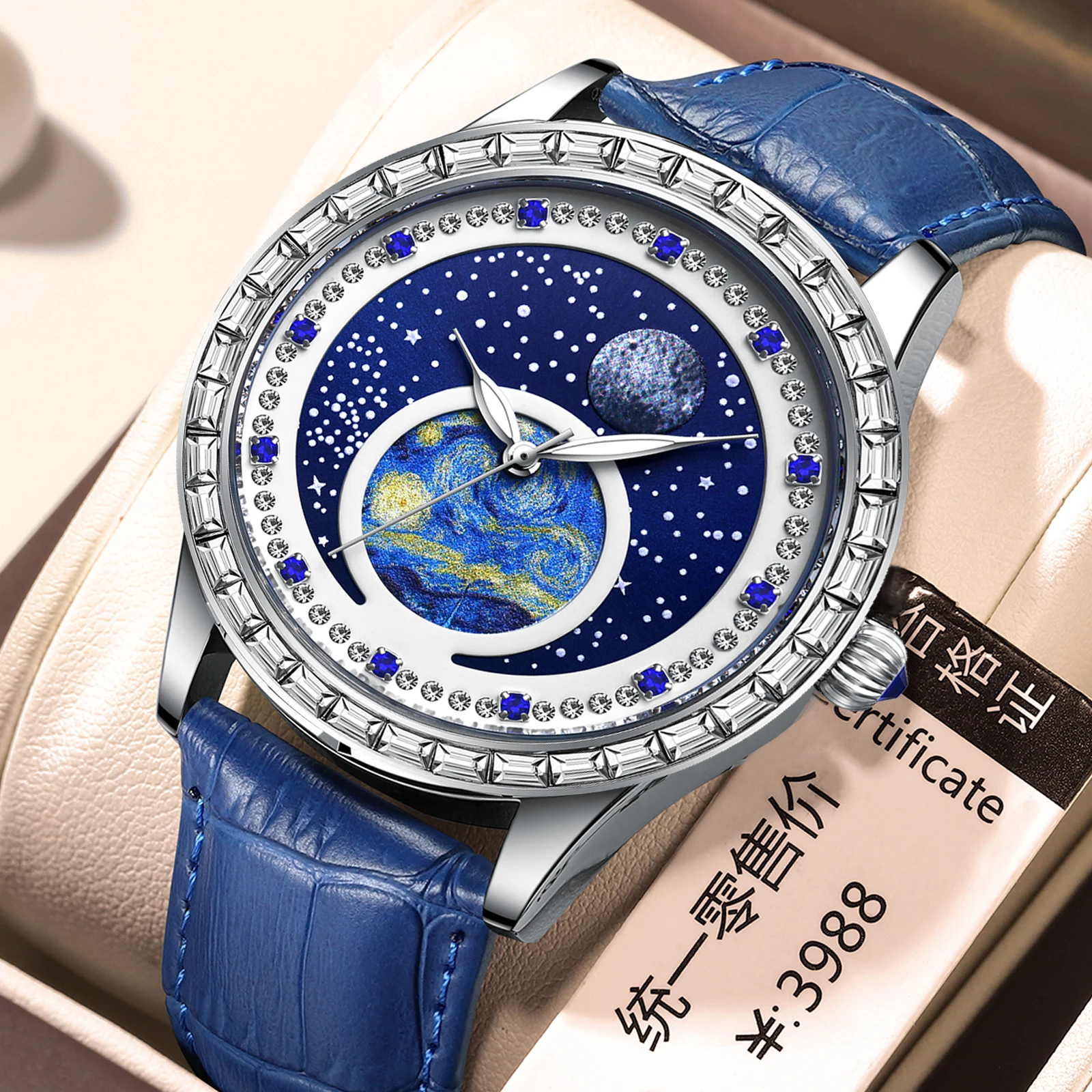 Luxury men\'s quartz watch, waterproof luminous oil painting starry sky dial, multifunctional watch