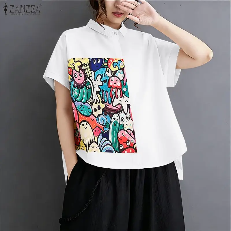 

2026 ZANZEA Summer Fashion Shirt Women Vintage Short Sleeve Printed Blouse Lapel Neck Work Tops High Low Blusas Loose Chemise