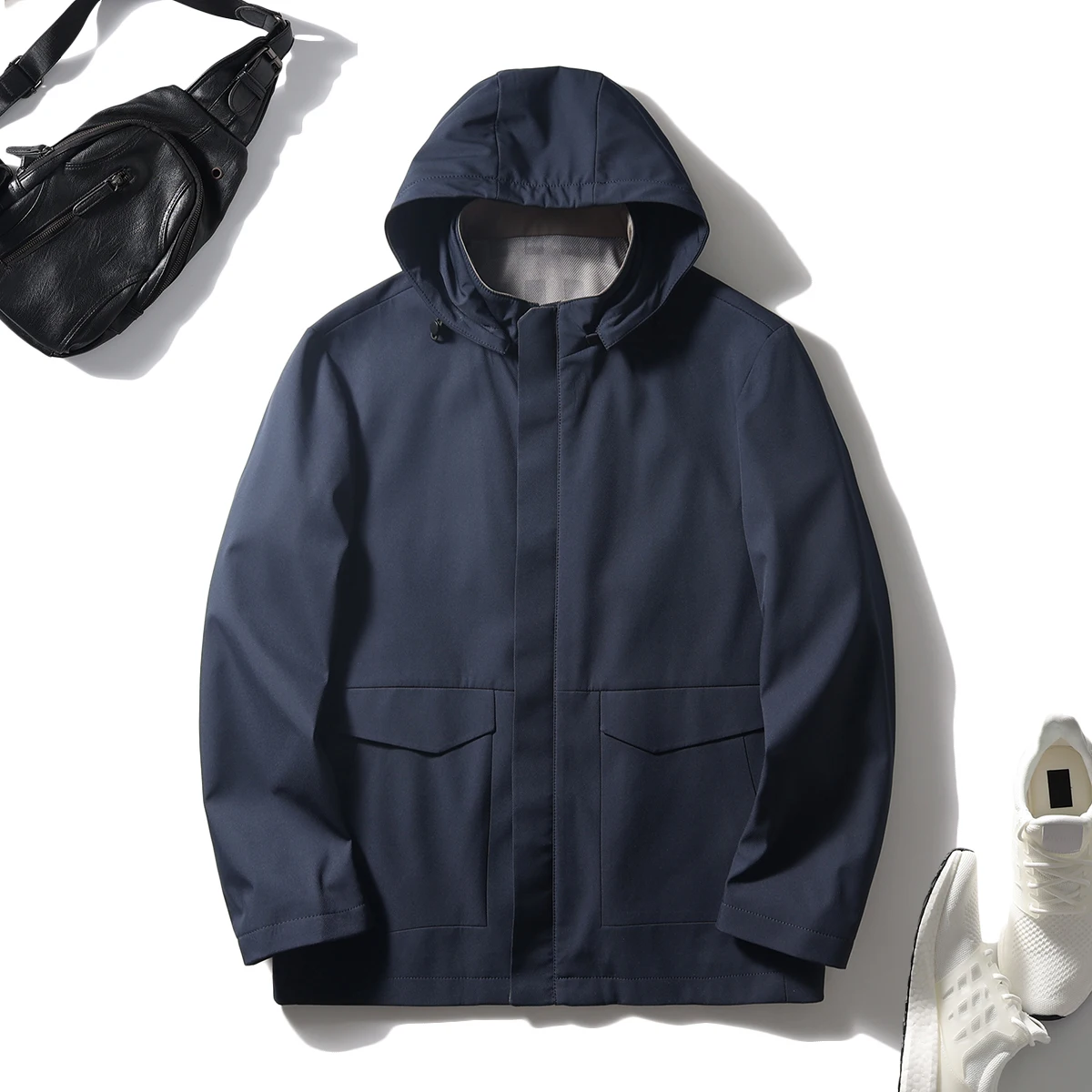 

Гладкая повседневная мужская куртка с капюшоном против морщин, новая весенняя верхняя одежда с капюшоном, подставка в городском стиле, длинная застежка-молния
