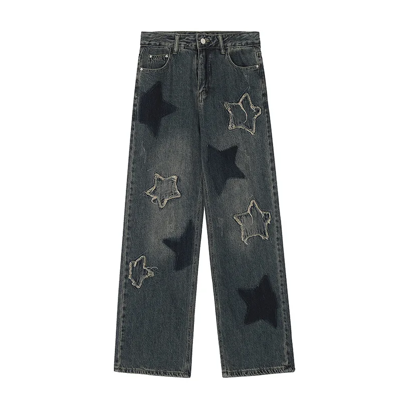 Retro Star Embroidery High Waist Cargo Jeans Women Streetwear Washed Distressed Denim Trousers Straight Oversized Pants