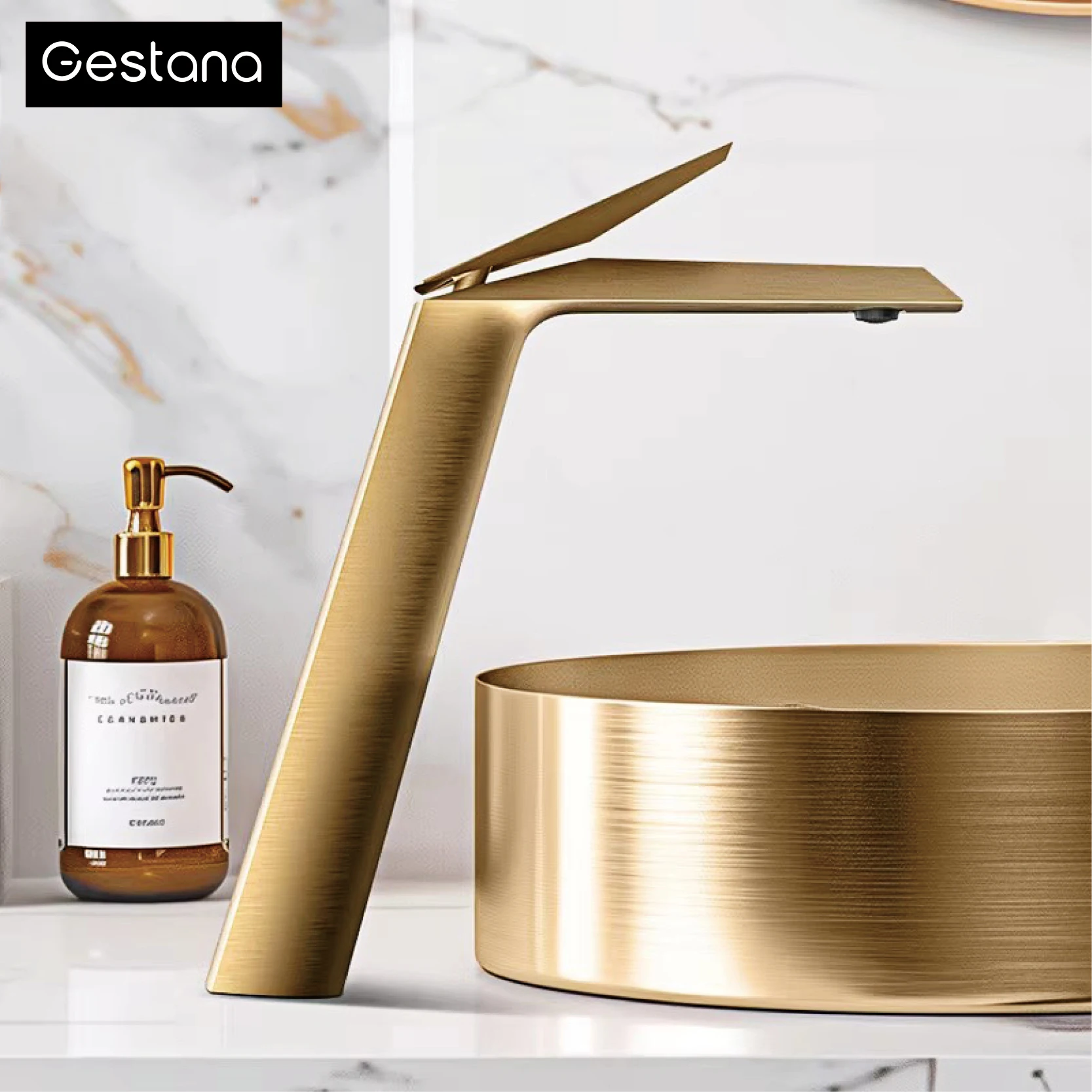 Robinet de salle de bain principal moderne en cuivre brossé doré, avec cartouche céramique luxueuse, mitigeur monocommande eau chaude et froide pour lavabo